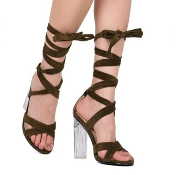 Faux Suede Open Toe Ankle Wrap Perspex Block Heel Sandal 👡 - Picture 4 of 4